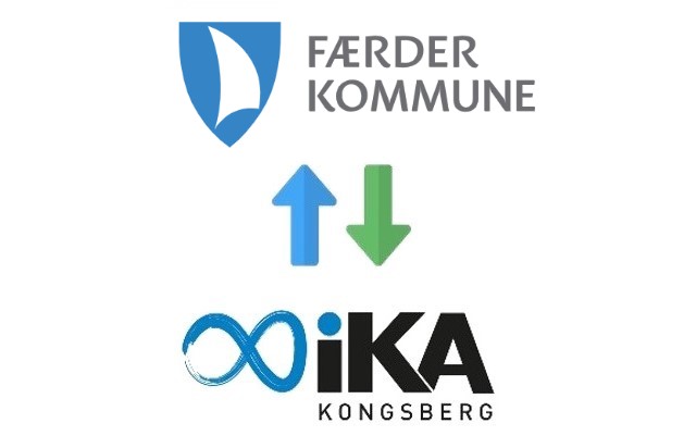 Øverst er kommunevåpenet til Færder kommune, og nederst er logoen til IKA Kongsberg. Mellom dem er en grønn pil som peker nedover og en blå pil som peker oppover.