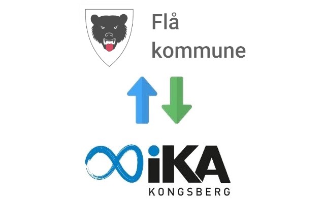 Øverst er kommunevåpenet til Flå kommune og nederst er logoen til IKA kongsberg. Mellom dem er en blå pil som peker oppover, og en grønn pil som peker nedover.